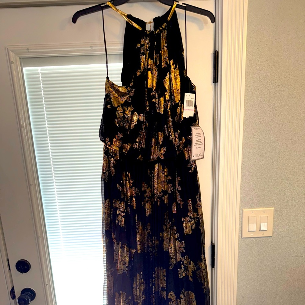 MSK Blue and Gold Pleated Halter Maxi Dress